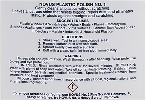 NOVUS acrylic cleaning solution with back label information for directions