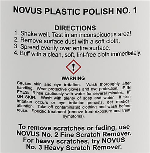 NOVUS acrylic cleaning solution with back label directions and warnings for use