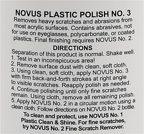 NOVUS complete plastic polish kit with back label directions for heavy scratch remover