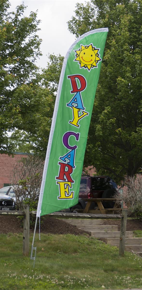 DAYCARE Preschool School Flag Tall Curved Top Feather Bow Swooper Banner Sign 