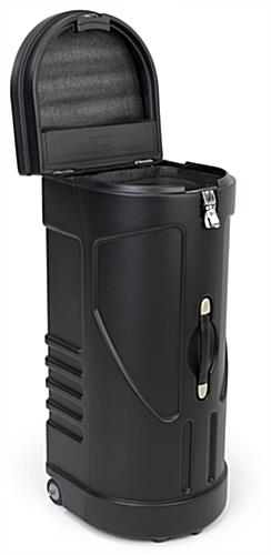 travel case podium stand includes an ultra-strength butterfly latch