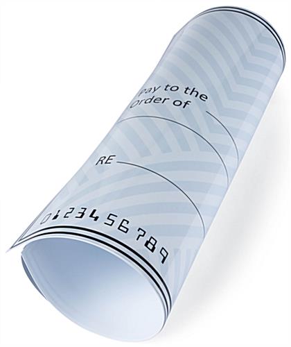 Custom oversized dry-erase prize check is made of flexible styrene material