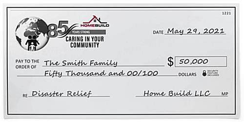 Giant custom novelty check measures 47.75 inches wide by 23.75 inches tall