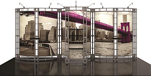 Portable trade show truss system fills back of 20ft-wide booth