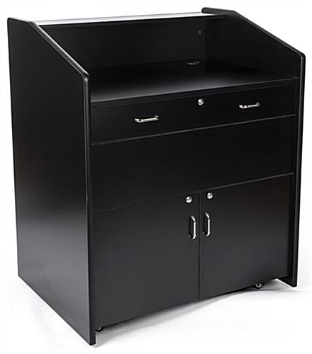 Wide rolling podium with cabinet and locking casters