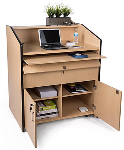 Multimedia podium with locking storage and adjustable shelves