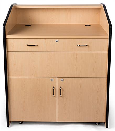 Multimedia podium with locking storage and wide surface area