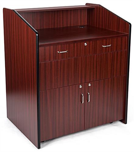Presentation podium with locking cabinet and wide reading surface