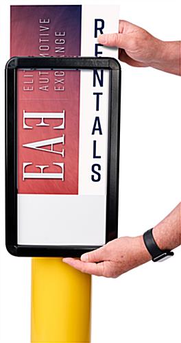 Custom printed graphics for OP916BOLSG bollard sign frame can be applied within seconds