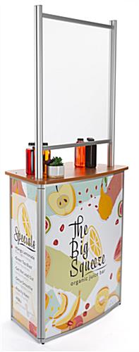 Personalized commercial table with splash shield and aluminum frame