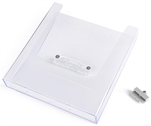 Social distancing brochure holder for PCSG series with silver colored hardware 