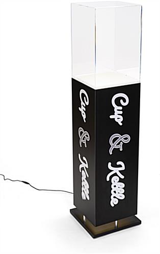 Custom lighted display pedestal for sculpture with repositionable graphics