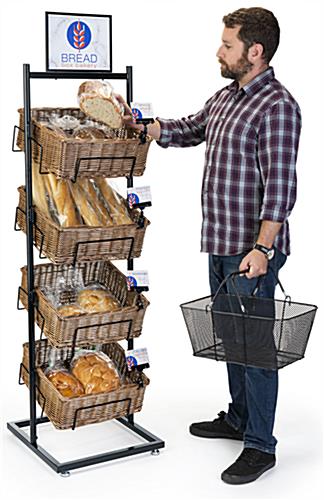 4 tier basket floor stand includes square wicker bins and sign holding attachments