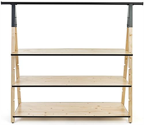 Wooden a frame clothing rack with base shelves and natural pine finish 