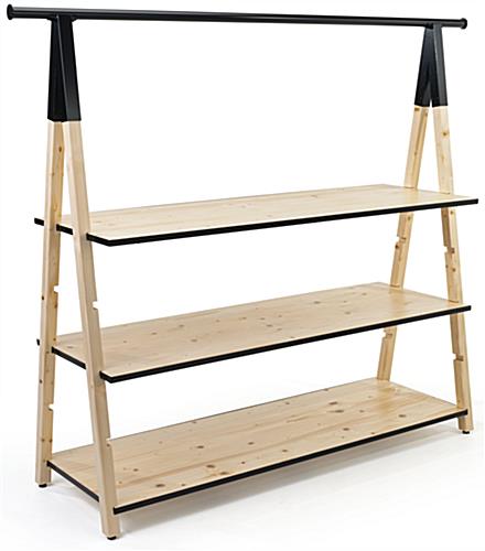 Wooden a frame clothing rack with base shelves and matte black pipping