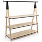 Wooden a frame clothing rack with base shelves and matte black pipping