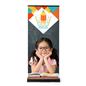 33"W premium retractable banner stand with black base and custom printed graphics