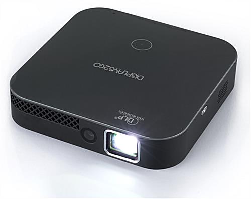 Portable mini projector shown with LED lamp on
