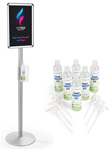 Silver poster floor stand with sanitizer mount 