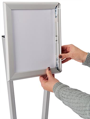 Snap open edges to easily switch out your signs