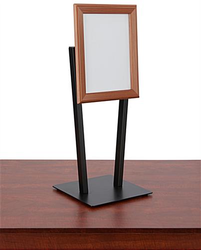 Striking countertop snap frame with black base and faux wood oak finish