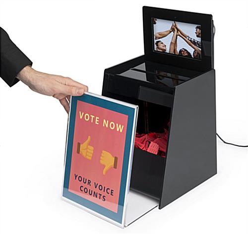 Ballot suggestion box with video screen and removable flyer holder