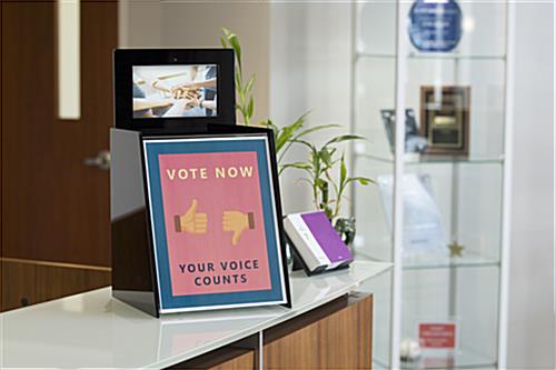 Ballot suggestion box with video screen in high-traffic area