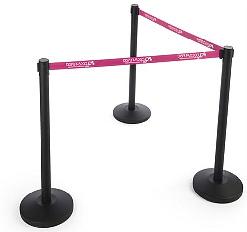 Custom printed pink belt retractable line stanchion with silkscreened graphics