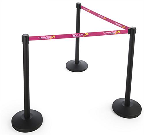 Black post with 3-color printed pink belt stanchion for queue lines