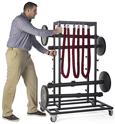 12 Post Stanchion Cart for QueuePole Series, Rope Rails, Locking Wheels – Black