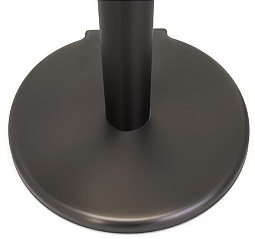 These retractable belt stanchions have a base diameter of 13.7 inches