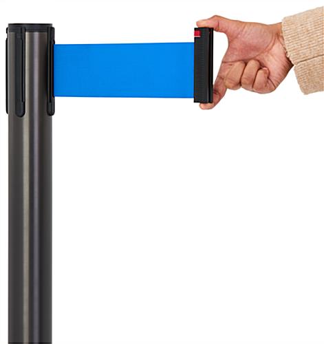 These retractable belt stanchions have a 3 inch blue belt