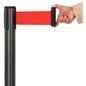 These retractable belt stanchions have a red nylon belt