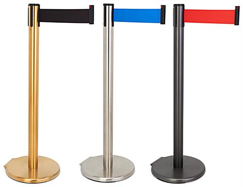 These retractable belt stanchions have multiple color options