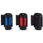 These retractable belt stanchions have red, black and blue nylon material