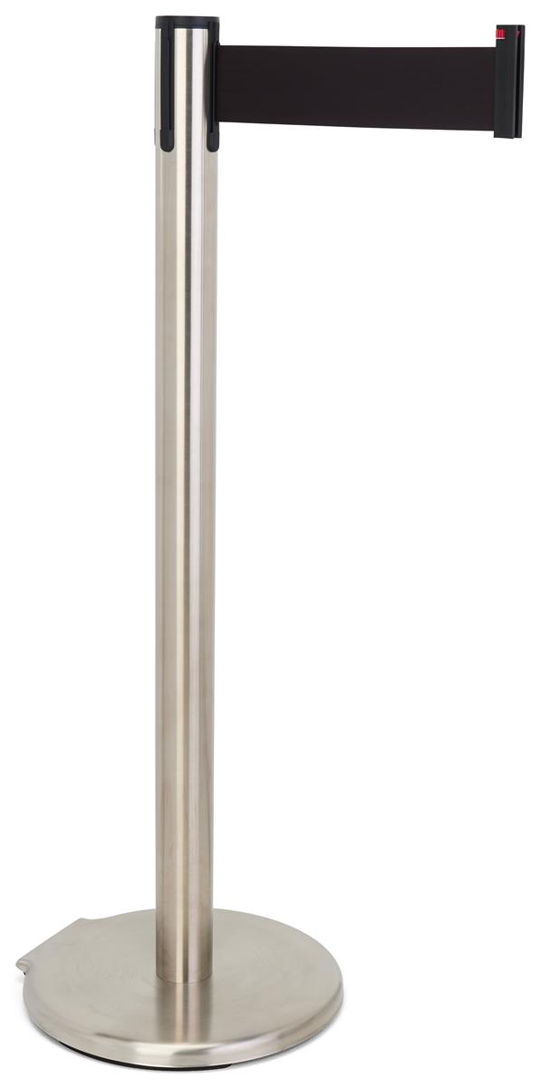 These retractable belt stanchions have a brushed silver finish