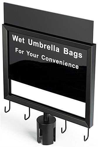 2-stanchion umbrella bag holder with red belt and double-sided slide-in sign
