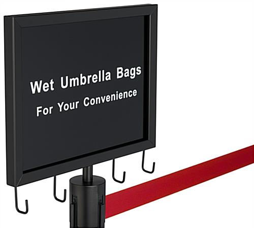 2-stanchion bag umbrella holder with red belt and black sign with double-sided pre-printed message