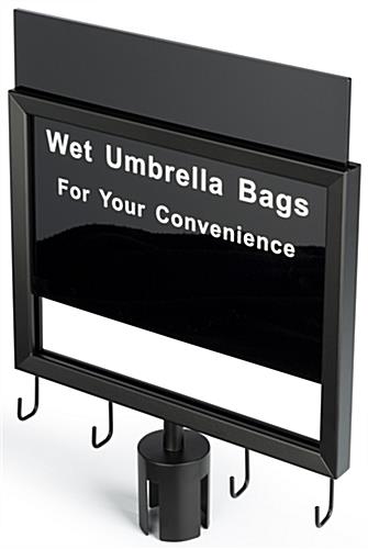 Black stanchions with umbrella bags includes double-sided sign with pre-printed message