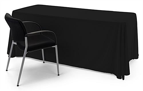 Black polyester table cover fits all 4 corners to ensure proper fitting
