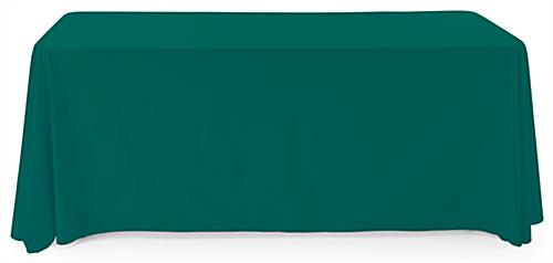 Green polyester table cover comfortably drapes over all 4 corners 