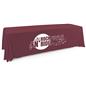 This burgundy single sided custom table throw features custom white graphics