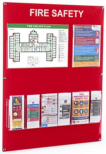 Acrylic mounted fire safety information station with holders for various media