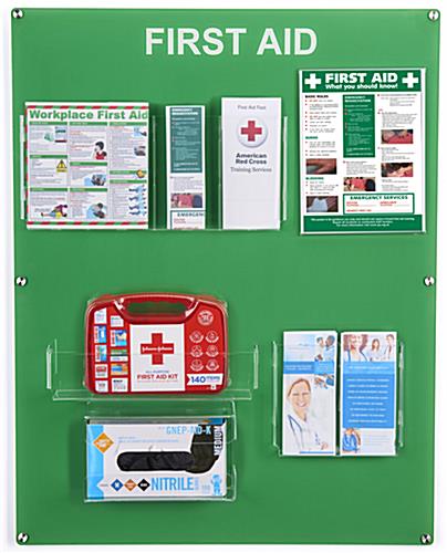 Wall-mounted first aid station with six adjustable brochure pockets