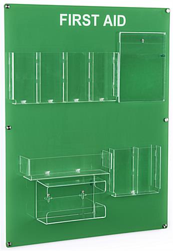 Wall-mounted first aid station with clear acrylic attachments