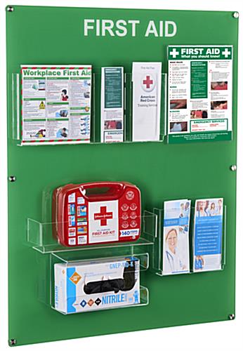 Wall-mounted first aid station with glove box dispenser
