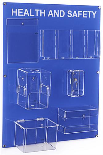 Mounted acrylic health and safety wall board with durable PPE holders