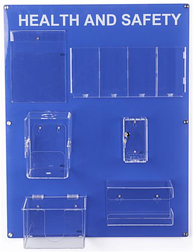 Mounted acrylic health and safety wall board with lockable compartment for hand sanitizer