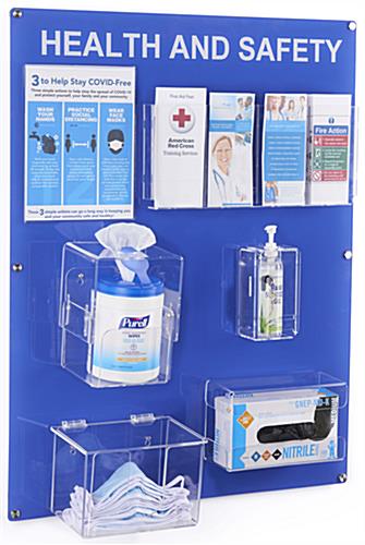 Mounted acrylic health and safety wall board for sanitizer, masks, gloves, and wipes