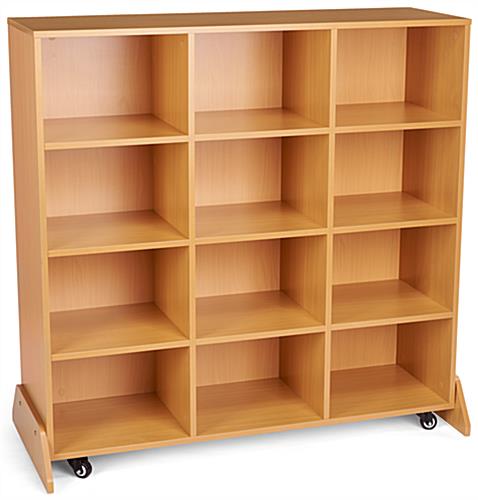 Roll and write cubby storage with non-adjusting shelves